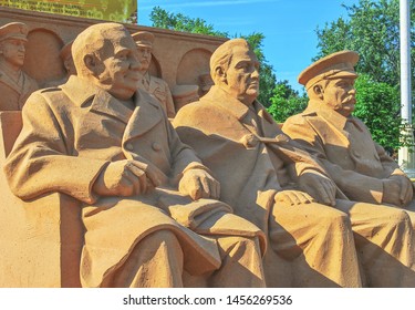 Churchill, Roosevelt, Stalin During  Yalta Conference - Sand Sculpture. Russia Moscow. June 6, 2010