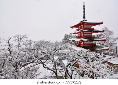 Chureito Pagada With Snow In Winter, Japan
