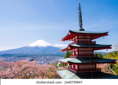 Chureito Pagoda with Fuji mountain snow cap view under blue sky - Shutterstock ID 1640739847