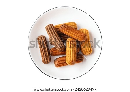 Churros with curry, olives and tomato paste on white background