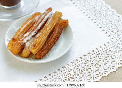 Churros And Hot Chocolate With Marshmallow Heart Shaped, Traditional Spanish Dessert, 