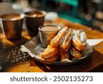 Churros served on a white plate sprinkled with sugar, captured from an angle view. Professional food photography showcasing a sweet dessert composition.