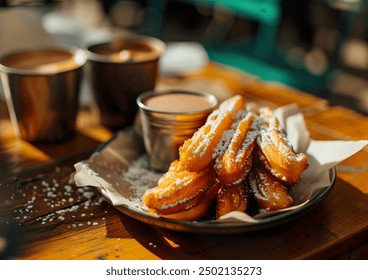 Churros served on a white plate sprinkled with sugar, captured from an angle view. Professional food photography showcasing a sweet dessert composition.