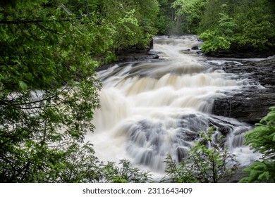 The chute at Egan Chutes Provincial Park in Ontario rushes its way through a forested river.