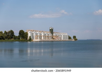 Chyhyryn, Ukraine - August 28 2021: The Nibulon Ukrainian agricultural company on the coast of the Chyhyrynka Water Reservoir