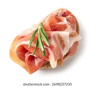 ciabatta bread slice with prosciutto meat isolated on white background, top view