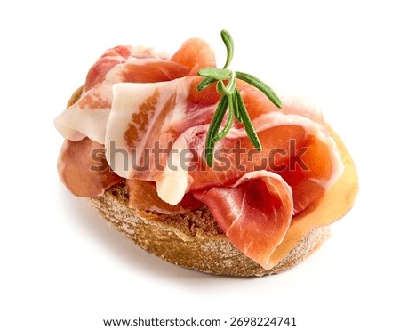 ciabatta bread slice with prosciutto meat isolated on white background