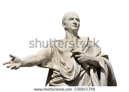 Cicero, the greatest ancient roman orator, marble statue in front of Rome Old Palace of Justice, made in 19th century (isolated on white background)