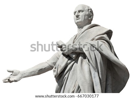 Cicero the greatest orator of the Ancient Rome, marble statue in front of the Old Palace of Justice in Rome (isolated on white background)