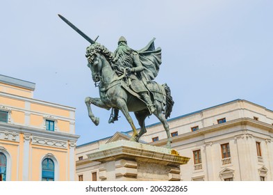 Cid Campeador Riding Babieca. Equestrian Statue Of The Spanish Historic Knigth Rodrigo Diaz De Vivar