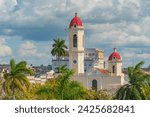 CIENFUEGOS, CUBA: Aerial view from the top of Cathedral of Immaculate Conception, located on Marti square in center of Cuban city. Towers in Cathedral of the Immaculate Conception, Cienfuegos, Cuba