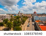 CIENFUEGOS, CUBA: View from the terrace of the building Municipality, City Hall, Government Palace and Catheadral of Immaculate Conception. Parque Jose Marti square.