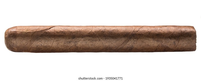Cigar. Handcrafted Brown cigar made with real tobacco leaves. Smoking causes addiction and cancer. Nicotine Damage your health. Macro close up. Cigars from Cuba Havana. White isolated background