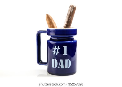 Cigar On A Coffee Cup For Dad, Isolated On White, Room For Your Text