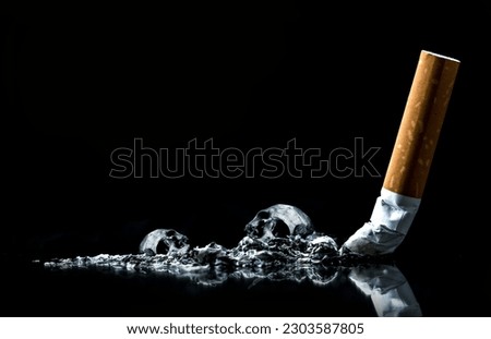 Cigarette ashes with skull.Tobacco cigarette butt on black background.World No Tobacco Day Concept Stop Smoking.