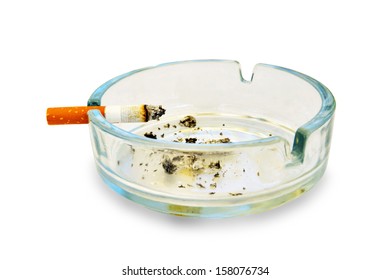 Cigarette and ashtray on white with light shadow