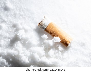 A cigarette butt lies on white snow. Macro - Shutterstock ID 2202458043