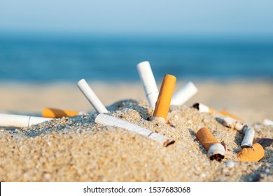 Cigarette butts in yellow sand on sea beach on coast against background of blue sky and sea. Problem of humanity. Cigarette smoking, bad habit. Nicotine addiction. Garbage - Powered by Shutterstock