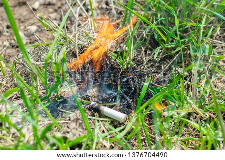 Cigarette causing a dangerous fire on the forest
