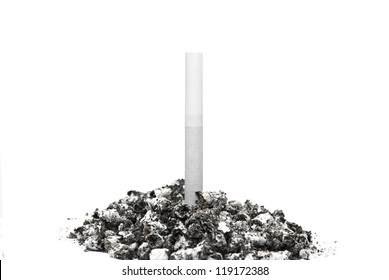 Cigarette Stuck In A Pile Of Ash On A White Background.