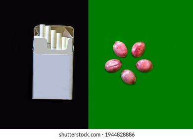 Cigarettes On A Dark Background And Candy On A Green Background. Giving Up Cigarettes In Favor Of Candy.