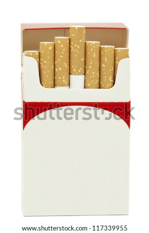 Cigarettes in opened cardboard box on a white background