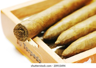 cigars are in a box. Cigars close up.