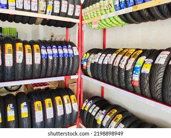 Cilacap, Indonesia - August 26 2022 :  Various Type Of Tubeless Tires. Automotive Industry Background Concept, Industrial, Motorcycle Spare Parts, Transport, Transportation, Lifestyle
