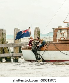 Cillian Murphy, Tom Glynn Carney, Jack Lowden At The Set Of The Christopher Nolan Film Dunkirk, Urk Flevoland Netherlands July 2016 