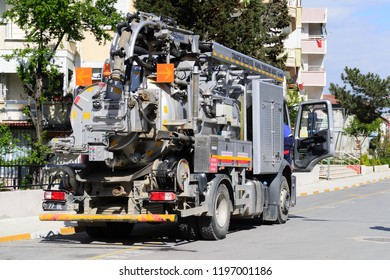 Cinarcik, Turkey - April 10, 2017: High Pressure Drain Opening And Cleaning Truck Belongs To The Local Municipality Of The Town In The Streets During Daytime