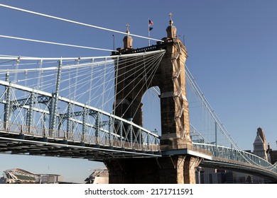 Cincinnati - Circa June 2022: Roebling Suspension Bridge. The Roebling Bridge connects Cincinnati with Newport, Kentucky over the Ohio River.