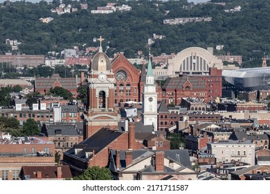 Cincinnati - Circa June 2022: Cincinnati West End And Over-the-Rhine Districts Including The Music Hall, Museum Center, Old St. Mary's Church And Bell Event Centre.