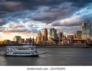 Cincinnati, OH - May 15 2022: The Cincinnati Skyline With A Steamboat In The Foreground