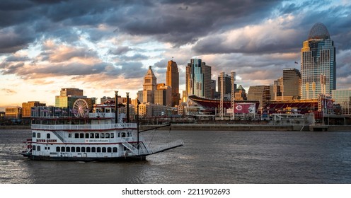 Cincinnati, OH - May 15 2022: The Cincinnati Skyline With A Steamboat In The Foreground