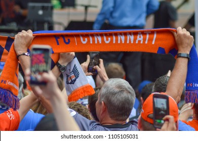 CINCINNATI, OH - MAY 29, 2018: A Fan Holds Aloft A Scarf For FC Cincinnati, At Fountain Square.