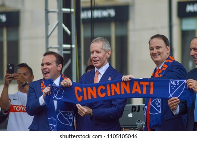 CINCINNATI, OH - MAY 29, 2018: John Cranley, Carl H. Lindner III And Jeff Berding Unveil The MLS Scarf For FC Cincinnati At Fountain Square.