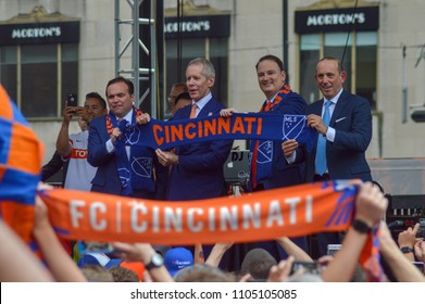 CINCINNATI, OH - MAY 29, 2018: (L-R) John Cranley, Carl H. Lindner III, Jeff Berding And Don Garber Unveil The MLS Scarf For FC Cincinnati At Fountain Square.