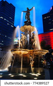 Cincinnati, OH, USA April 20 The historic Tyler Davidson Fountain, featured prominently in the TV show WKRP in Cincinnati, sits in the aptly named Fountain Square in the heart of downtown