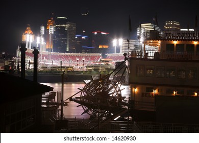 Cincinnati Ohio At Night, Reds Vs Cubs, From Newport Kentucky