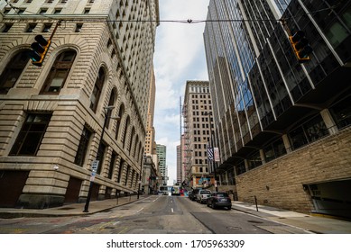 Cincinnati, Ohio / USA - April 14 2020: Vine Street; Empty, Abandoned In The Central Business District Of Cincinnati Due To The Shelter In Place Mandates And Quarantine Showing Impact Of COVID-19.