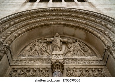 Cincinnati, Ohio / USA - April 14 2020:  Low Angle Perspective Of The Jesus Bas-relief In Stone Sculpture On The St. Louis Church On 29 E 8th Street In Cincinnati, Ohio.