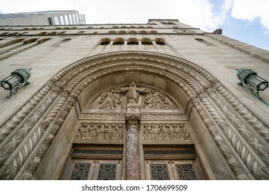 Cincinnati, Ohio / USA - April 14 2020:  Low Angle Perspective Of The Jesus Bas-relief In Stone Sculpture On The St. Louis Church On 29 E 8th Street In Cincinnati, Ohio.