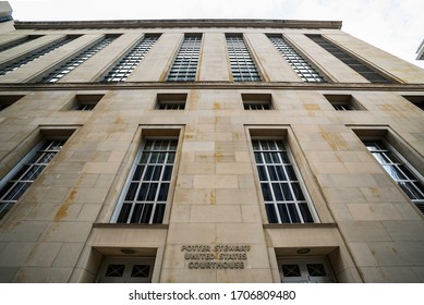 Cincinnati, Ohio / USA - April 14 2020: Low Angle Shot Of The Signage On The Side Of The Building Of The Potter Stewart United States Courthouse In Downtown Cincinnati.