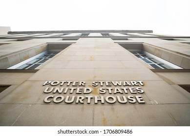 Cincinnati, Ohio / USA - April 14 2020: Low Angle Shot Of The Signage On The Side Of The Building Of The Potter Stewart United States Courthouse In Downtown Cincinnati.