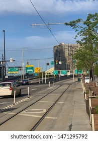 Cincinnati, Ohio / USA - April 22, 2019:  Tracks And Overhead Power Supply Cables For The Cincinnati Bell Connector Streetcar.