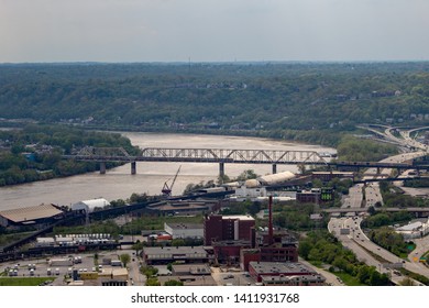 Cincinnati, Ohio / USA - April 23, 2019: The Southern Bridge, railroad-only bridge that runs over the Ohio River between Cincinnati, Ohio and Ludlow, Kentucky in the United States.