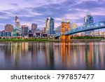 Cincinnati, Ohio, USA downtown skyline and bridge on the river at dusk.