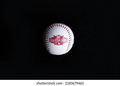 Cincinnati, Ohio, USA - July 21 2022: Close Up Baseball Printed With Logo For The 2015 Major League Baseball All-Star Game Isolated On A Dark Black Background.