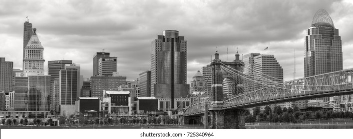 Cincinnati, Ohio, USA, June 16, 2017: panoramic view of downtown Cincinnati with the John A Roebling suspension bridge. June 16, 2017 in Cincinnati, Ohio, USA