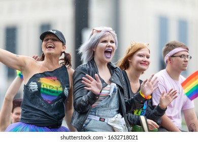 Cincinnati, Ohio, USA - June 22, 2019: The Cincinnati Pride Parade, People On A Float Celebrating Pride At The Parade